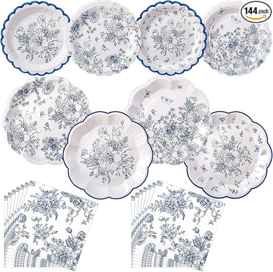 144 Pcs 48 Guests Blue Floral Party Plates and Napkins White and Blue Toile Paper Plates Napkins Chinoiserie Disposable Tableware for Baby Bridal Shower Wedding Birthday Tea Party Supplies