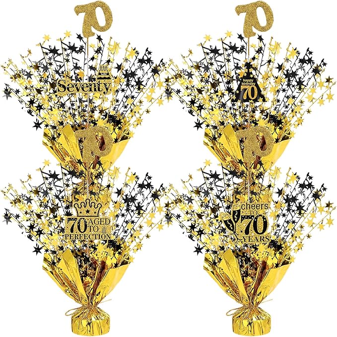 Tatuo 4 Pcs Metallic Foil Spray Centerpiece Happy 30th 40th 50th 60th 70th 80th Years Centerpiece Table Decorations for Black and Gold Birthday Anniversary Wedding Party Table Decor(70th Birthday)