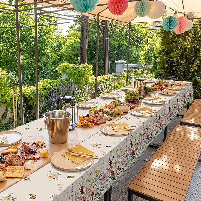1 Pcs Spring Floral Tablecloth, Butterfly Wildflower Plastic Disposable Tablecloth Rectangle Table Covers for Easter, Birthday, Wedding, Mothers Day Tea Party Supplies and Decorations,54 x 108 Inch