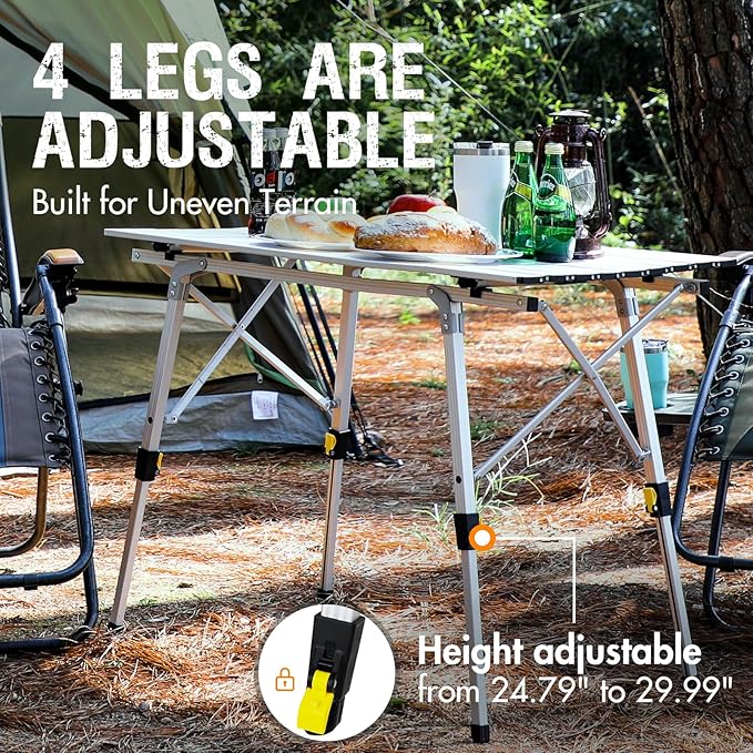 Portal Camping Table Portable Foldable with Adjustable Legs, Aluminum Folding Table Roll Up Table with Carrying Bag for Outdoor, Beach, Picnic, Backyards, BBQ and Party, Silver, Big