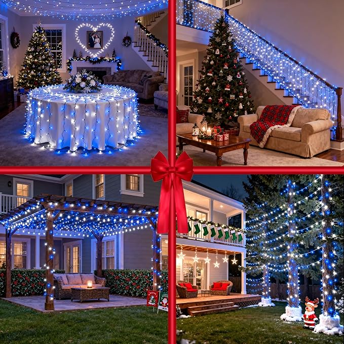 300 LED Blue White Birthday Party Decorations Ocean Party Decor String Lights with 12 Modes Timer Dimmable, Green Wire Connectable Christmas Tree Lights, 75FT Fairy Lights for Bedroom, Outside, Xmas