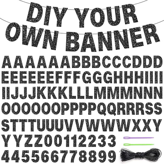 110 Pcs DIY Banner Kit with Letters,Black Glitter Customizable Banners, DIY Letter Banner Including 107 Letters and Numbers 1 Rope and 2 Threading Devices for Graduation Wedding Birthday Parties Decoration