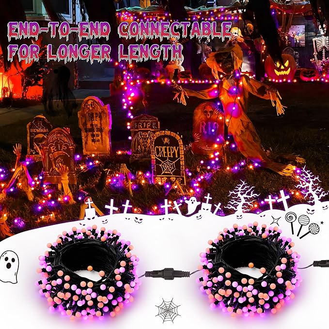 ODEETRONIC Halloween Lights, 65.6ft 200 LED Purple & Orange Globe String Lights, Connectable Berry String Lights, 8 Modes Ball Lights with Timer, Outdoor Halloween Lights for Graden Tree Party Bedroom