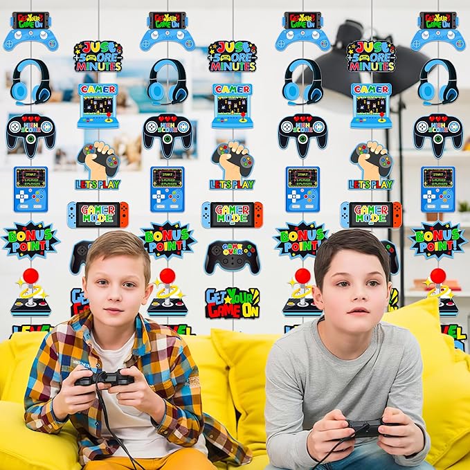 Video Game Garlands Blue Video Gamer Birthday Party Decorations 6Pcs Video Controller Hanging Paper Garlands Gaming Theme Banners for Game Player Level Up Baby Shower Party Supplies