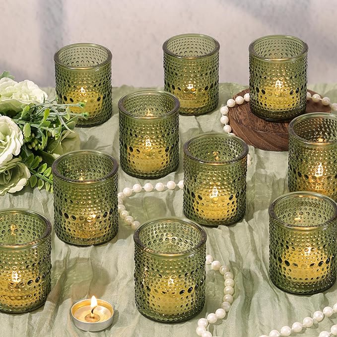 40Pcs Glass Votive Candle Holders, Green Tea Light Candle Holder Vintage Tealight Candle Holder Bulk for Wedding Christmas Party Table Decor (Green)