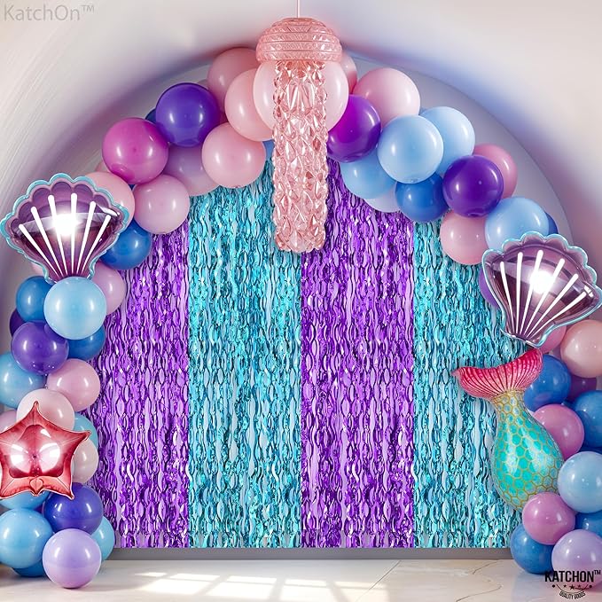 KatchOn, Large Wavy Purple and Blue Fringe Curtain - Pack of 2 | Mermaid Birthday Decorations, Beach Party Decoration | Purple and Blue Foil Fringe for Under The Sea Party Decorations