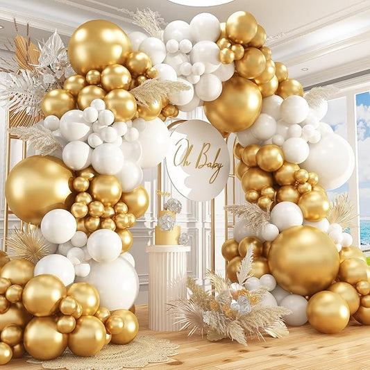 412Pcs White and Gold Balloon Arch Kit,18 12 10 5 Inch Gold balloons White Metallic Gold Latex Different Sizes Balloon Garland kit for Birthday Anniversary Wedding Baby Shower Party Decorations