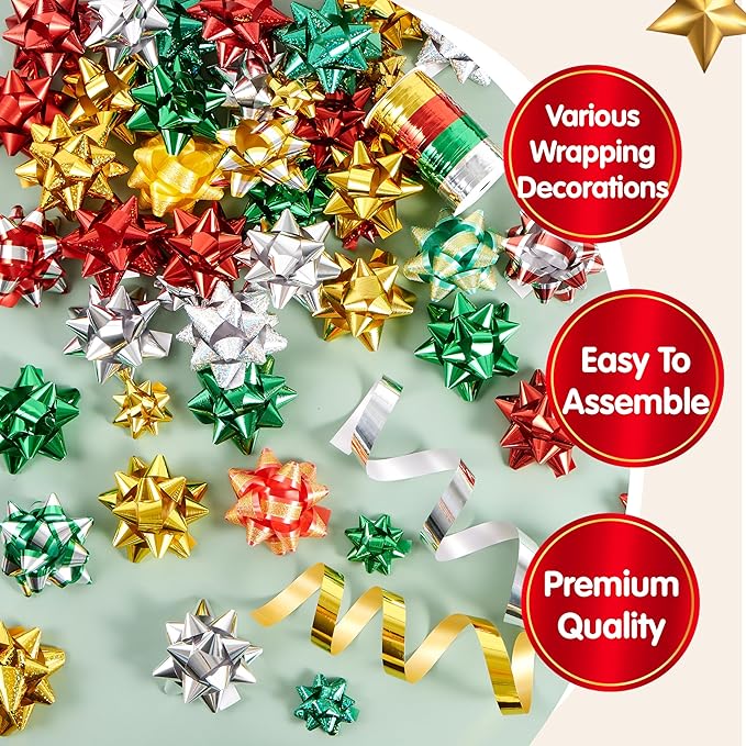 JOYIN 50 PCS Christmas Bows and Gift Ribbons with 48 Multi-Colored Assorted Size Self Adhesive Gift Bows and 2 Rolls of Curling Ribbons for Gift, Present Wrapping Decoration