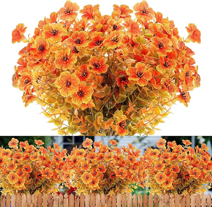 XEOLIAN 12 Bundles Artificial Fall Flowers Fake Plastic Plants Indoor Outside Hanging Planter No Fade Faux Autumn Plants Thanksgiving Home Garden Fireplace Décor (Fall with Flowers)