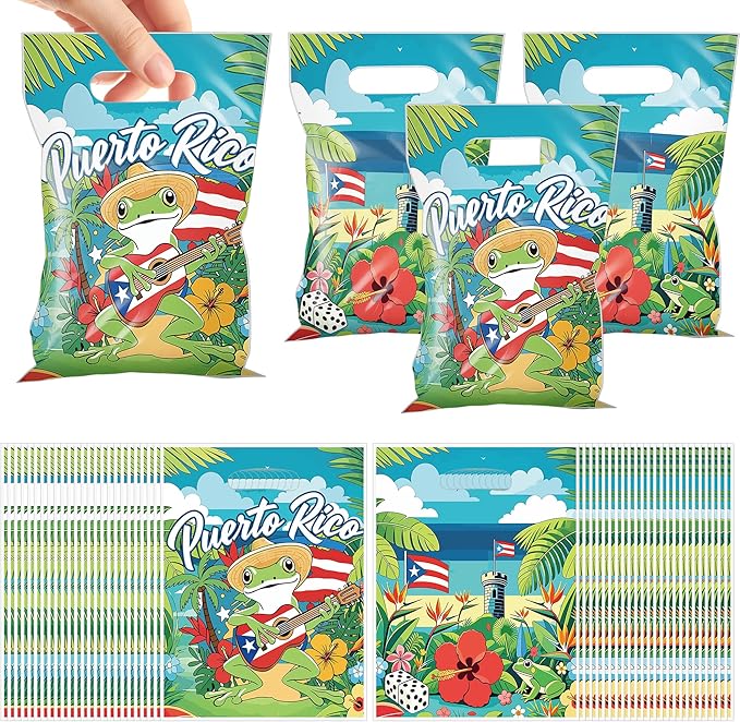 MOIZYNG 50Pcs Puerto Rico Gift Bags with Handles, Tropical Puerto Rican Flag Coqui Frog Plastic Candy Treat Goodie Bags for Birthday Patriotic Festival Party Supplies