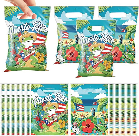 MOIZYNG 50Pcs Puerto Rico Gift Bags with Handles, Tropical Puerto Rican Flag Coqui Frog Plastic Candy Treat Goodie Bags for Birthday Patriotic Festival Party Supplies