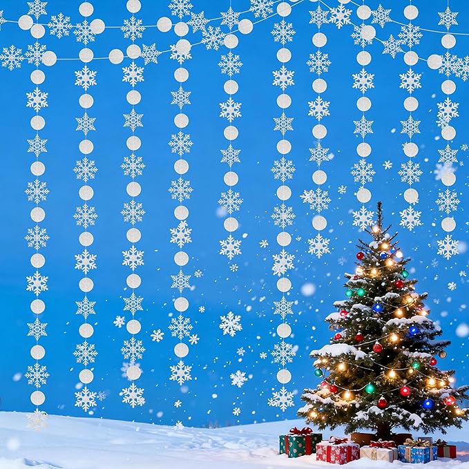 40 Feet Paper Snowflakes Garland Hanging White-Silver Glitter Christmas Snowflake Decoration Streamers for Winter Wonderland Decorations, Baby Shower New Year Ceiling Party Supplies