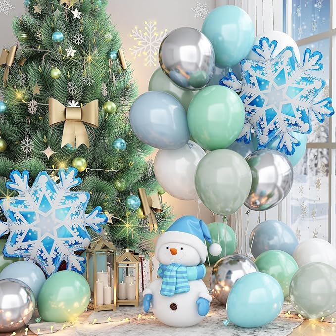 Blue Green Snowflake Balloon, Winter Wonderland Party Decorations, Pastel Green Dusty Blue Metallic Silver Balloons with Snowflake Foil Balloon for Christmas Winter Onederland Birthday Party Decor