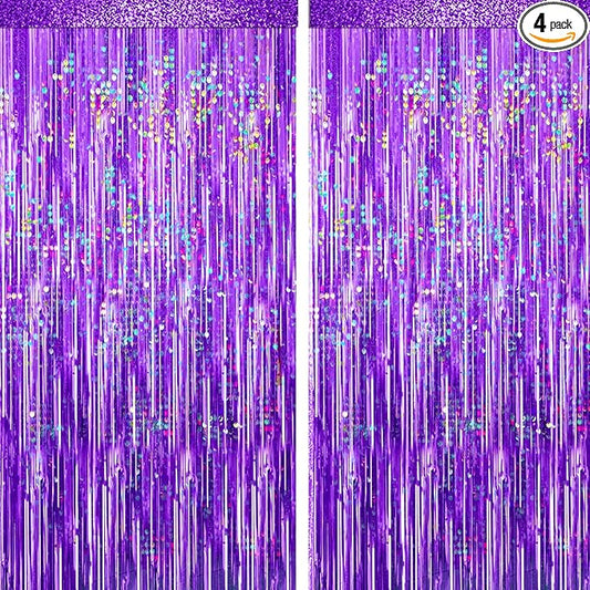 4 Packs Purple Foil Fringe Curtain, Purple Glitter Metallic Tinsel Backdrop for Birthday, Wedding, Baby Shower, Princess Bachelorette Christmas New Year Party Decorations Supplies
