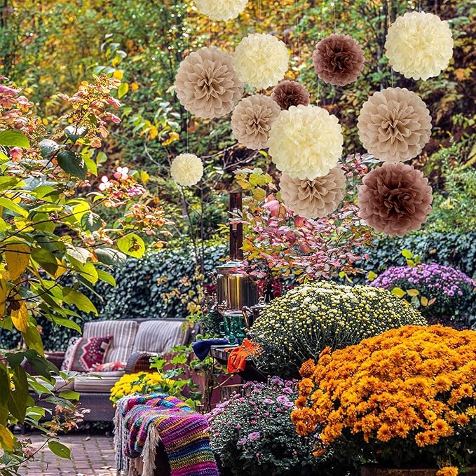 20 PCS Brown Tissue Paper Pom Poms, Tissue Pom Poms Flowers, Sizes of 6", 10", 12", 14" Hanging Paper Flower Ball for Wedding, Birthday, Halloween, Christmas, Baby Shower Party Decor