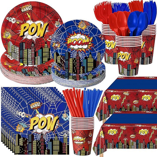 Potchen 452 Pcs Party Supplies Serve 50 Guests, Paper Plates Napkins Cups Cutlery Plastic Tablecloth Dinnerware for Birthday Wedding Party Decoration (Baby Blue, Space)