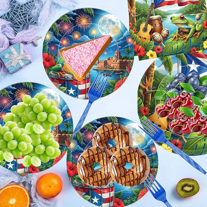 Puerto Rico Party Decorations, 96 Pcs Puerto Rican Flag Tropical Frog Plates Napkins Forks, Disposable Dinnerware for Puerto Rico Birthday Fiesta Theme Party Decor Tableware Set for 24 Guests