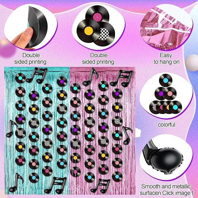 VioraWhite 18pcs 50s Musical Party Decoration Retro Record Garlands Streamers Fringe Curtains Music Note Balloons Photo Backdrop for Music Rock and Roll 70s Birthday Party Supply