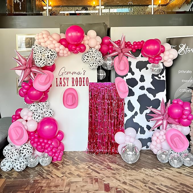 HILAVO Cowgirl Balloon Arch Kit Cow Print Balloons Hot Pink Light Pink Pearl Sand White Party Balloon Garland for Last Rodeo Bachelorette Decorations Western Lets Go Girls Baby Shower Birthday Decor