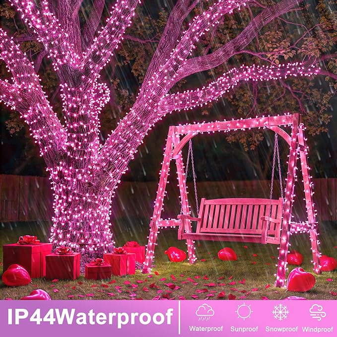 40 FT 120 LED Pink String Lights Indoor, Pink Valentines Day Lights with 8 Modes Clear Wire Waterproof, Plug in Fairy Lights for Bedroom Valentines Day Wedding Holiday Party Tree Decorations