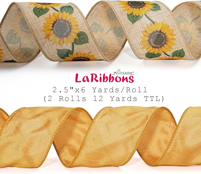 LaRibbons Fall Burlap Plaid Ribbon Wired 2 1/2" x 6 Yards 2 Rolls Reversible Sunflower Dupioni Ribbon for Autumn Wreath Thanksgiving Christmas Farm Gift Wrapping Home Decor