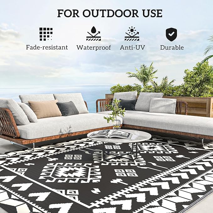 Outsunny Outdoor Rug for Patio, 8' x 10' Waterproof Large Mat, Reversible Plastic Straw Rug for Decor, Portable Outside RV Camping Area Carpet Mat for Backyard Porch Deck Picnic, Black & White Rhombus
