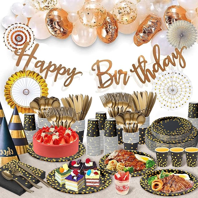 350 Pcs Black and Gold Party Plates Cups and Napkins Sets Black Gold Foil Dot Disposable Dinner Tableware Set With 7" 9" Plates Napkins Cups Knife Fork Spoon Party Supplies Serve 50 Guests