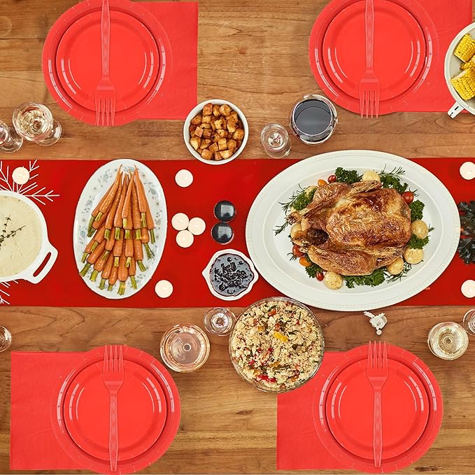 100 Count Red Paper Plates and Napkins Red Party Tableware Set Red Disposable Plates Napkins and Forks for Wedding Birthday Party Bridal Shower Baby Shower, Serve 25