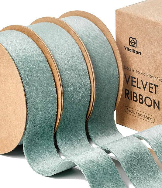 Vitalizart Dusty Green Velvet Ribbon Set 1 Inch Double Faced for Christmas Ornaments Gift Wrapping 15 Yards Wreath Decoration Bows Making Holiday Crafts