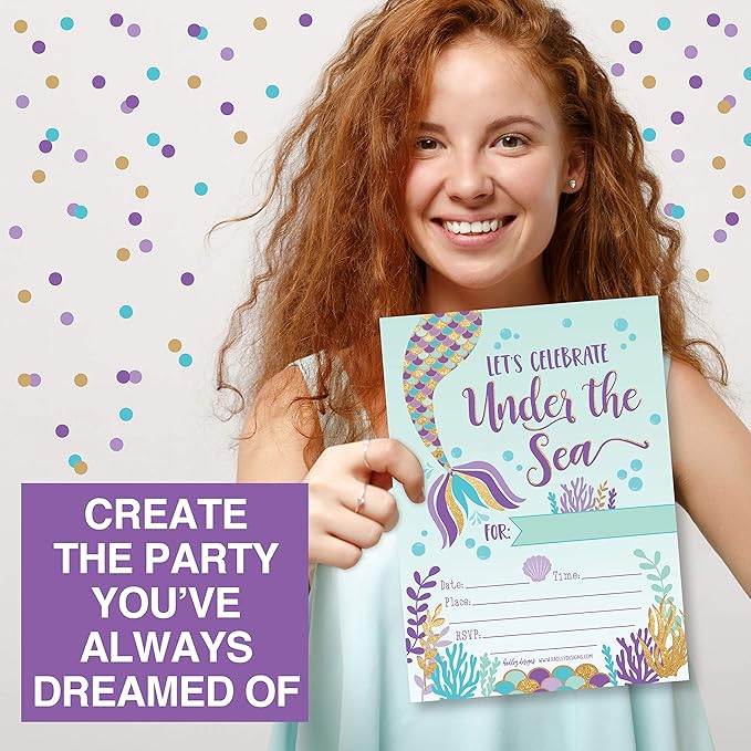 Hadley Designs Kids Birthday Invitations Girl Mermaid Theme - 25 Mermaid Birthday Party Invitations For Girls, Under the Sea Invites For Girls, Cute Party Supplies, Made in USA