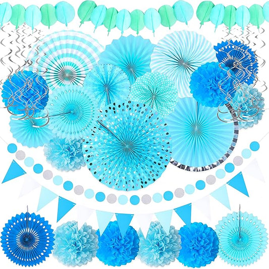 Moon Boat 35PCS Party Decorations Paper Fan Hanging Set - Birthday,Baby Shower,Wedding Decor (Blue)