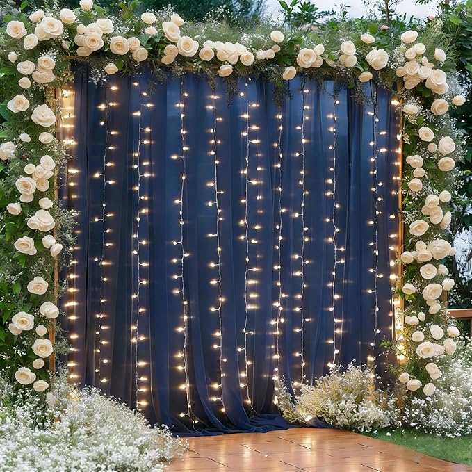 10×10ft Navy Blue Tulle Backdrop Curtain with Lights String for Parties, Sheer Photo Backdrop Curtains for Wedding Party Photography Background