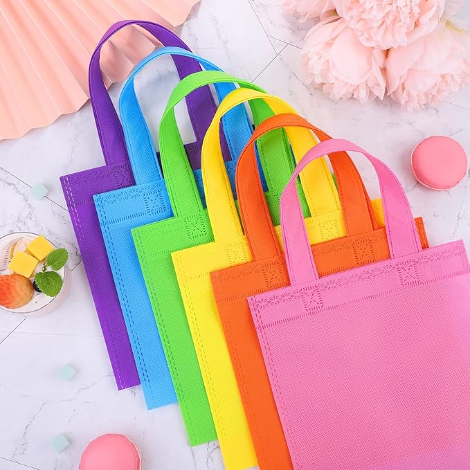 30 Packs Non-woven Party Gift Bags Reusable Goodie Bags 7.9×7.9 Inch Colorful Tote Treat Bag with Handles Rainbow cloth bags for Wedding Birthday