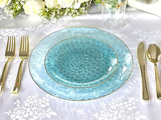 " OCCASIONS " 100 Plates Pack (50 Guests) Wedding Party Disposable Plastic Plate Set -50 x 10'' Dinner + 50 x 7'' Salad/dessert plates (Coastal Clear Blue & Gold)
