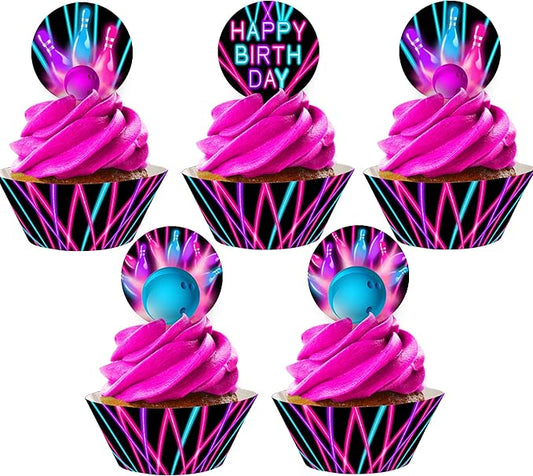Bowling Cupcake Toppers and Cupcake Wrappers - 24 Cupcake Toppers and 24 Cupcake Wrappers - Bowling Party Supplies - Bowling Party Decorations - Glow Pink Cupcake