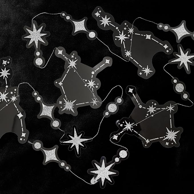 Cheerland Glitter Celestial Party Decorations Constellation Birthday Decoration Star Garlands Withy Backdrop Astrology Decor Zodiac Theme Banner Hanging Stars Streamer Galaxy Party Suppplies (Silver)