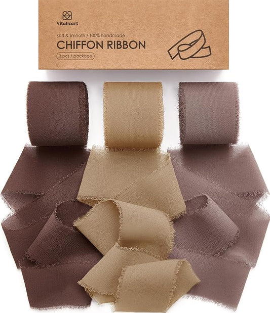 Vitalizart Brown Handmade Chiffon Silk Ribbon Fringe 1.5" x 21 Yd Brown & Nude Frayed Edges Ribbons for Wedding Invitations Bridal Bouquets Gifts Wrapping Crafts Holiday Party Decorations