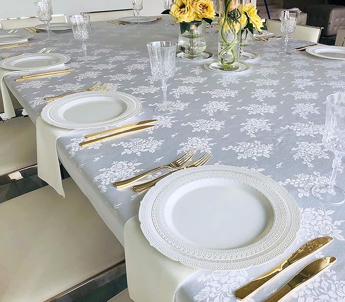 " OCCASIONS " 50 Plates Pack (25 Guests)-Extra Heavyweight Vintage Wedding Disposable/Reusable Plastic Plates -25x11'' Dinner + 25x8.25'' Salad/dessert (Chateau Collection Light Gray)