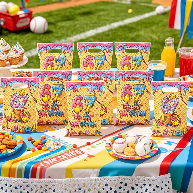 MOIZYNG 50Pcs 6 7 Bithday Gift Bags with Handles, Baseball Ice Cream Drip Plastic Candy Treat Goodie Bags, Funny 67 Six Seven Sports Themed Birthday Party Favors Decorations