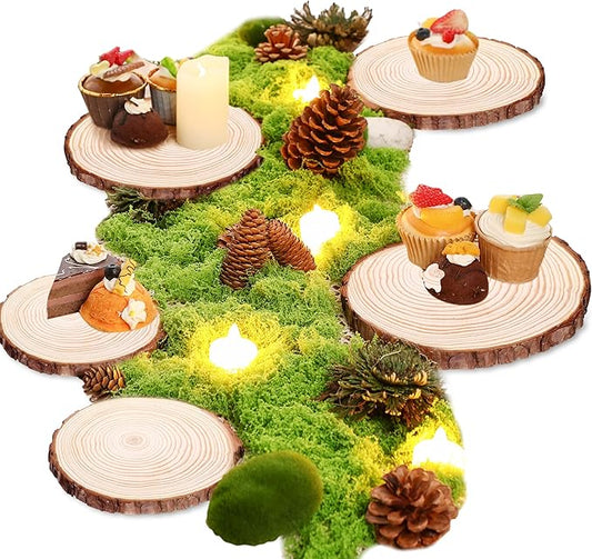 Nuanchu 14 Pack Wood Table Centerpieces with Rustic Wood Slices and Artificial Fake Green Moss for Wooden Fairy Wedding Woodland Table Decor Ideal DIY Crafts (4. 7-5. 5'')