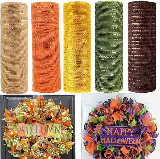 5 Rolls Fall Mesh Ribbon for Wreath, 10 Inch x 30FT Per Roll Metallic Foil Deco Mesh Rolls Natural Orange Gold Green Brown Decorative Mesh for Fall Thanksgiving Halloween Home Party Decor