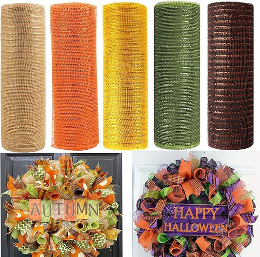 5 Rolls Fall Mesh Ribbon for Wreath, 10 Inch x 30FT Per Roll Metallic Foil Deco Mesh Rolls Natural Orange Gold Green Brown Decorative Mesh for Fall Thanksgiving Halloween Home Party Decor