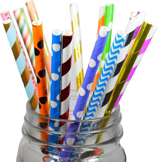 Durable Assorted Biodegradable Paper Straws 150 Count (Random)