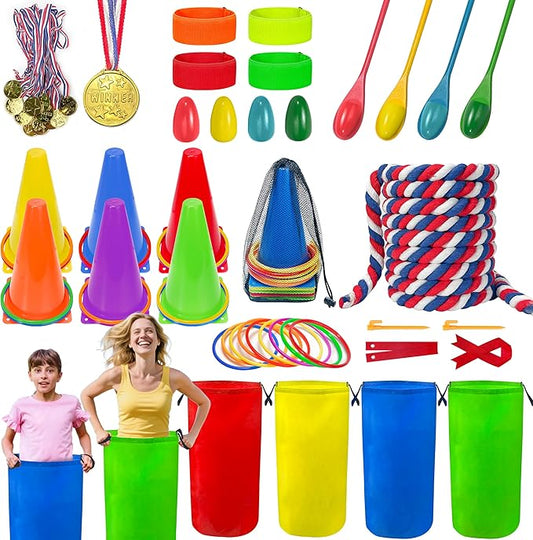 LINAYE Field Day Games Outdoor Activities, Carnival Lawn Yard Picnic Family Reunion Games Tug of War Rope Sack Race Bags for Adults and Kids Ring Toss Egg and Spoon 3 Legged Race for Birthday Party