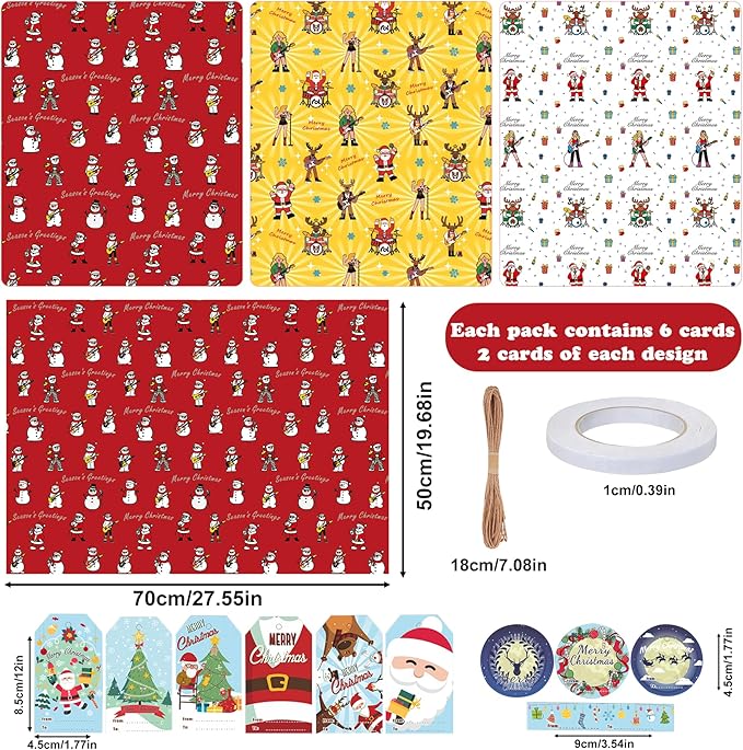 Larcenciel Music Christmas Gift Wrapping Paper Set with Xmas Gift Tags Twine & Tape, 6 Sheets Colorful Holiday Wrapping Paper, Rock Santa Snowman and Reindeer Design for Boy, Girly, Coworker, Friends