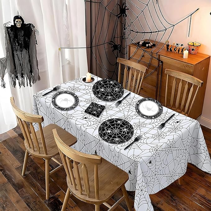 96 Pieces Halloween Tableware Set – Spider Web Themed Disposable Party Supplies with Paper Plates, Napkins, and Forks for Haunted House Parties, Spooky Dinners, and Halloween Events – Serves 24