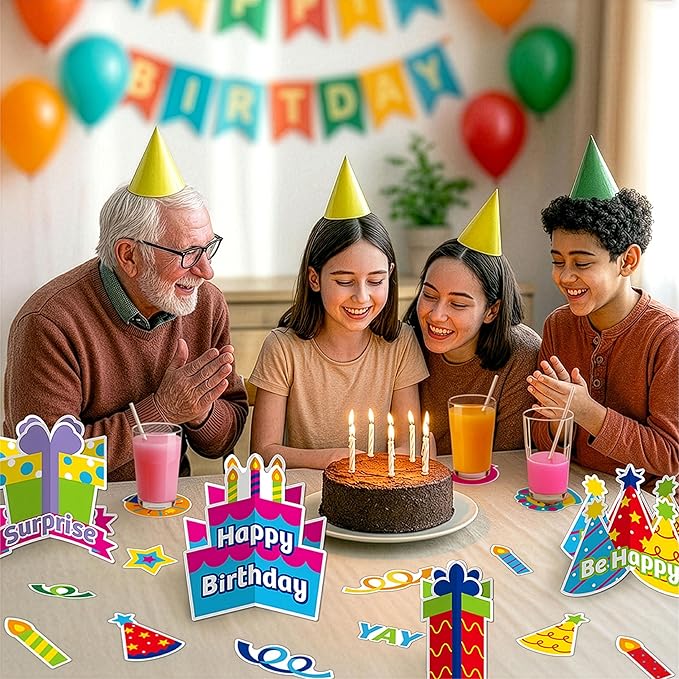 HonuGoGo Birthday Table Decorations Kit, 46ct Colorful Party Supplies with Table Centerpieces, Coasters & Confetti—Ideal for Dining Tables, Dessert Tables & Birthday Party Celebrations