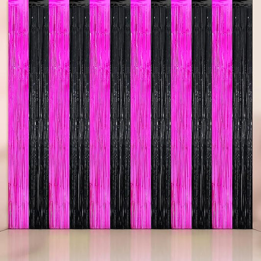 KatchOn, Large Pink and Black Foil Fringe Curtain - Pack of 2, Streamer Backdrop for Valentines Day Decorations, Black and Pink Backdrop for Galentines Day Decorations, Bachelorette, Birthday Decor