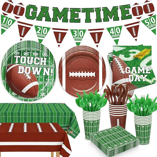 196PCS Football Party Decorations Supplies Serves 24, Disposable Football Paper Plates Napkins Cups Banner Tablecloth Tableware Set for Sport Themed Game Bowl Gameday Birthday Party Decorations Favors