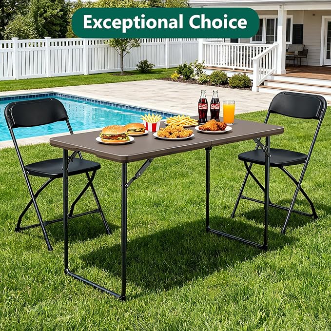 Folding Table 4FT Heavy Duty Plastic Table with Handle, Foldable&Portable, Fold-in-Half Utility Tables for Outdoor, Dining, Wedding, Events, Indoor, Picnic, Camping, Party, Khaki